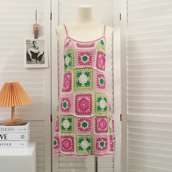 Dresses & Skirts - Crochet dress patch pink floral beach bikini cover up knit dress sun dress